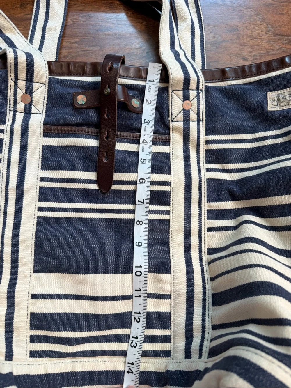 Polo Ralph Lauren Indigo Striped Cotton Canvas Leather Tote Bag Stripe Nautical